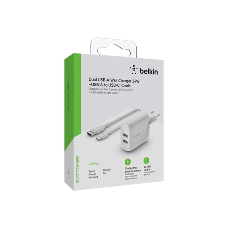 BELKIN Dual USB-A WllChar 1M PVC A-C 24W BELKIN Dual USB-A WllChar 1M PVC A-C 24W