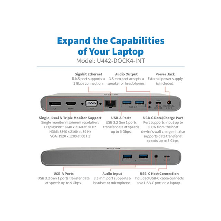 USB-C Dock Triple Display - 4K HDMI/DisplayPort VGA USB 3.2 Gen 1 USB-A/USB-C Hub GbE 100W PD Chargi